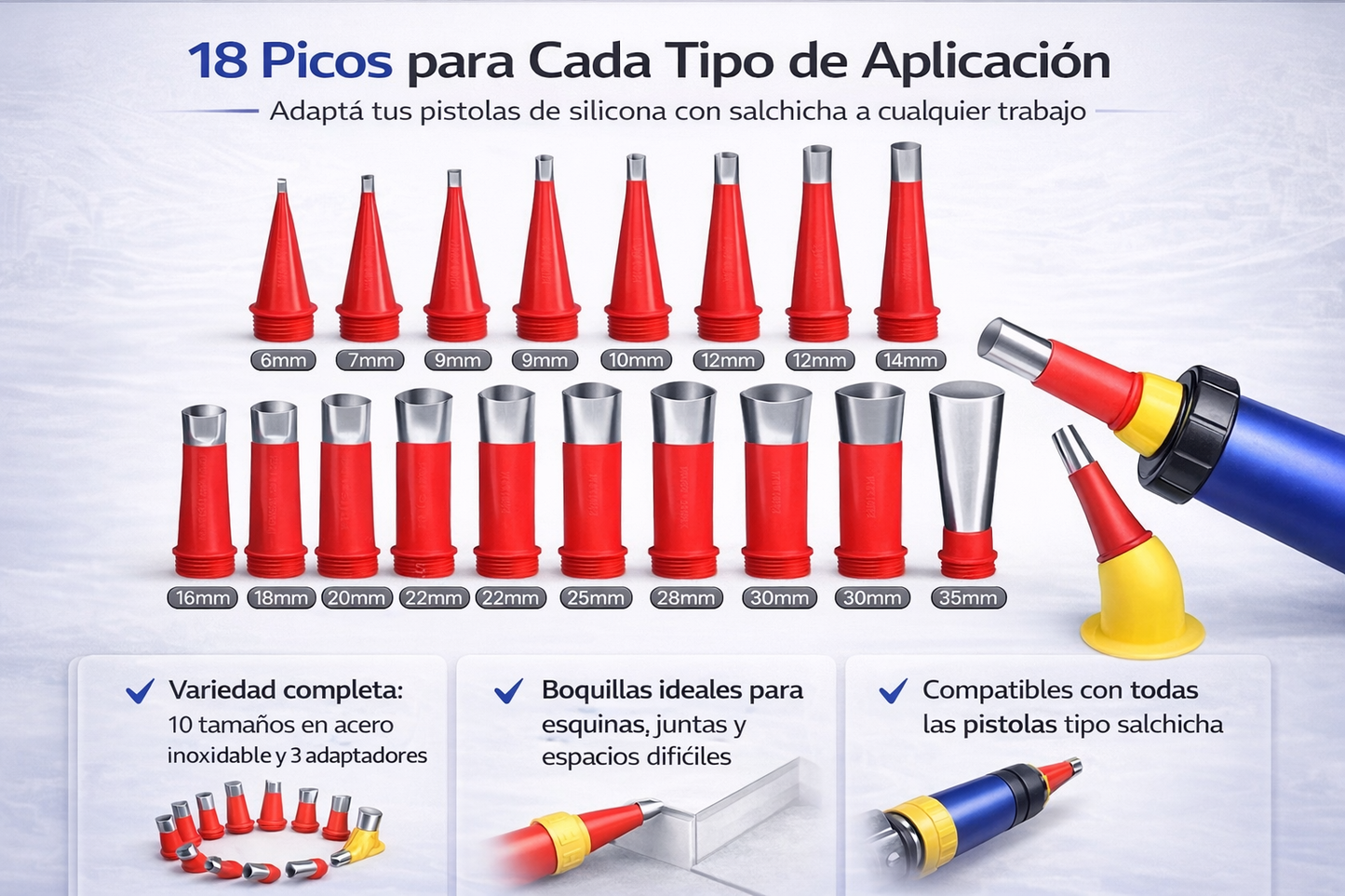 Kit 18 Picos Aplicadores Pistola Universal